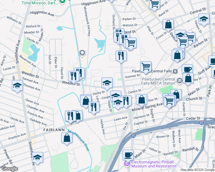 map of restaurants, bars, coffee shops, grocery stores, and more near in Pawtucket