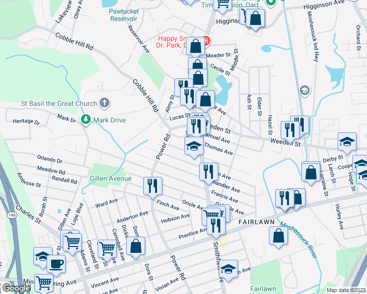 map of restaurants, bars, coffee shops, grocery stores, and more near 205 Morris Avenue in Pawtucket