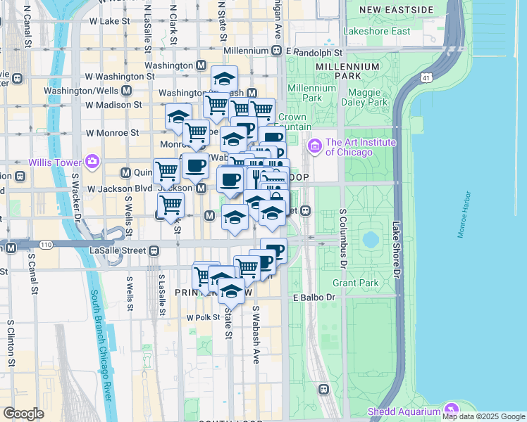 map of restaurants, bars, coffee shops, grocery stores, and more near 332 South Michigan Avenue in Chicago