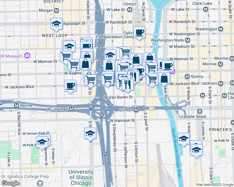 map of restaurants, bars, coffee shops, grocery stores, and more near 102 South Jefferson Street in Chicago