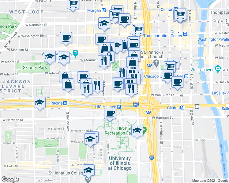 map of restaurants, bars, coffee shops, grocery stores, and more near 947 West Van Buren Street in Chicago