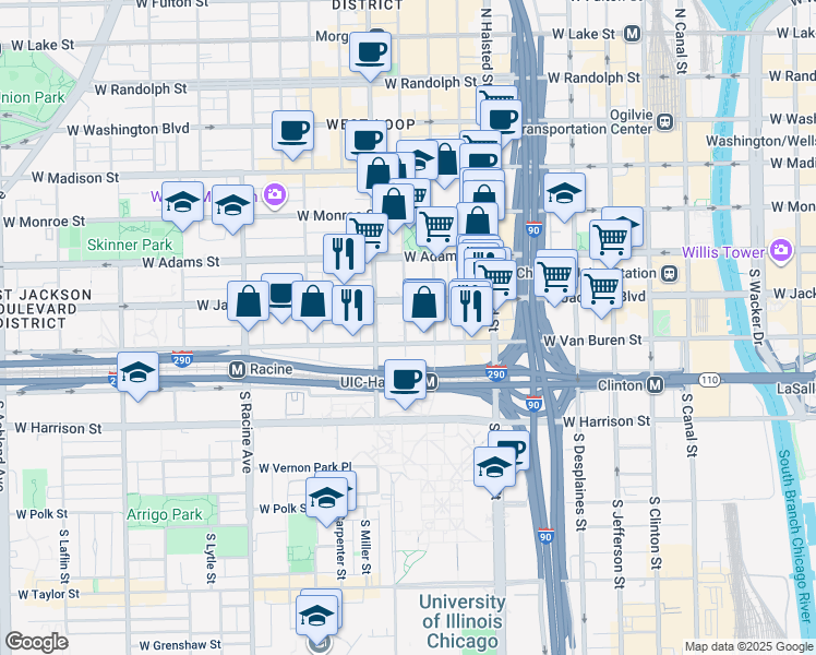 map of restaurants, bars, coffee shops, grocery stores, and more near 947 West Van Buren Street in Chicago