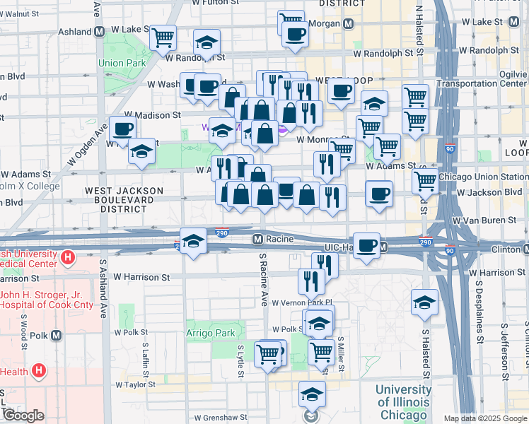 map of restaurants, bars, coffee shops, grocery stores, and more near 324 South Racine Avenue in Chicago