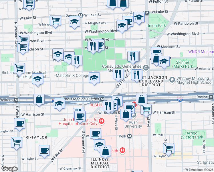 map of restaurants, bars, coffee shops, grocery stores, and more near 1801 West Jackson Boulevard in Chicago