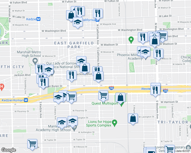 map of restaurants, bars, coffee shops, grocery stores, and more near 313 South California Avenue in Chicago