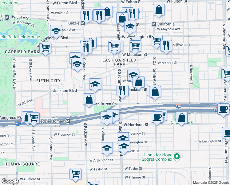 map of restaurants, bars, coffee shops, grocery stores, and more near 3019 West Jackson Boulevard in Chicago