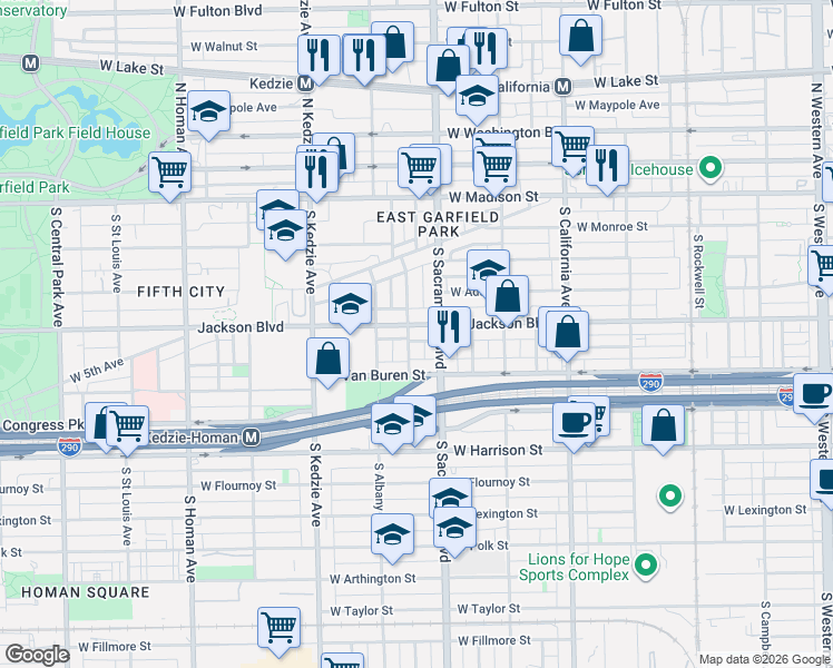 map of restaurants, bars, coffee shops, grocery stores, and more near 3019 West Jackson Boulevard in Chicago