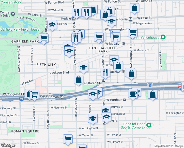 map of restaurants, bars, coffee shops, grocery stores, and more near 3059 West Jackson Boulevard in Chicago