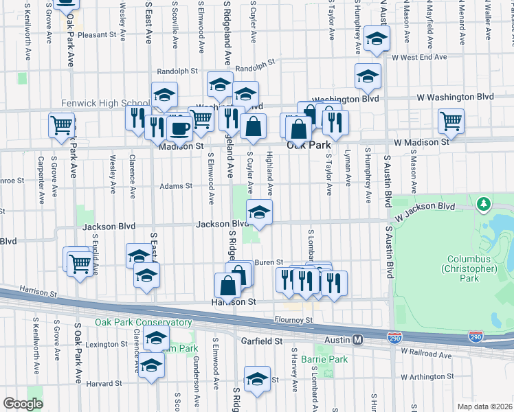 map of restaurants, bars, coffee shops, grocery stores, and more near 711 South Cuyler Avenue in Oak Park