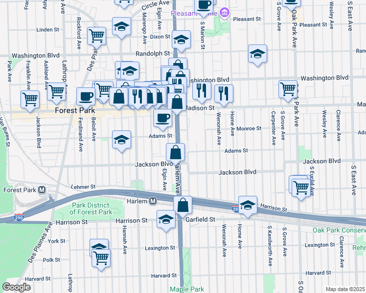 map of restaurants, bars, coffee shops, grocery stores, and more near 631 South Maple Avenue in Oak Park