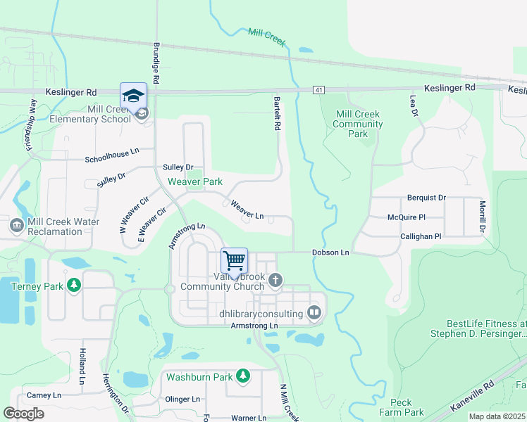 map of restaurants, bars, coffee shops, grocery stores, and more near 39W158 Weaver Lane in Geneva