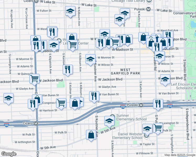 map of restaurants, bars, coffee shops, grocery stores, and more near 4354 Jackson Boulevard in Chicago