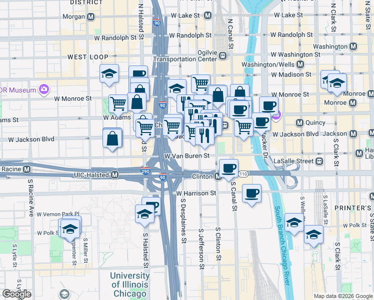 map of restaurants, bars, coffee shops, grocery stores, and more near 333 South Desplaines Street in Chicago