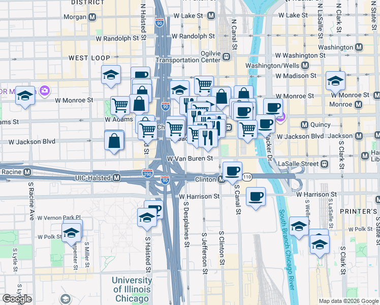 map of restaurants, bars, coffee shops, grocery stores, and more near 102 South Jefferson Street in Chicago