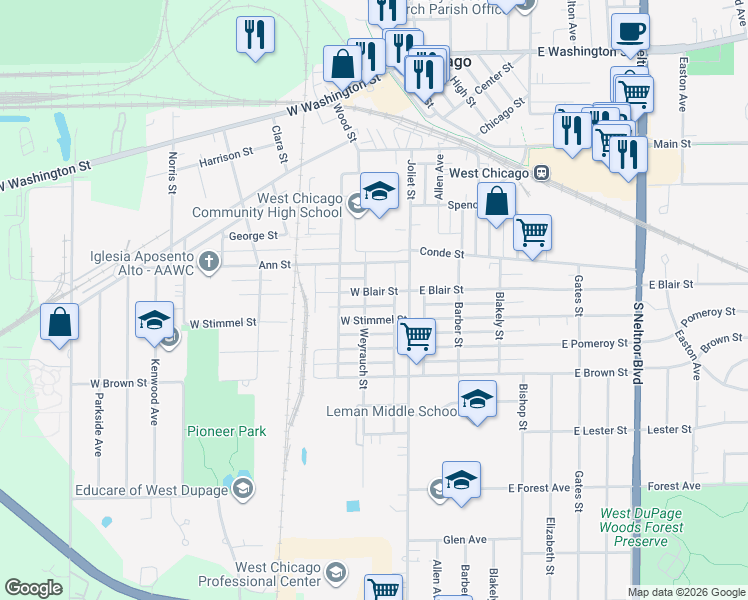 map of restaurants, bars, coffee shops, grocery stores, and more near 138 West Blair Street in West Chicago