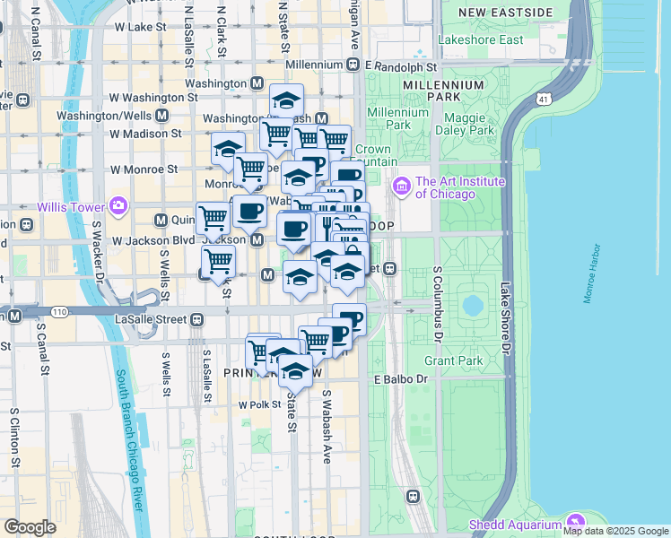 map of restaurants, bars, coffee shops, grocery stores, and more near 60 East Van Buren Street in Chicago