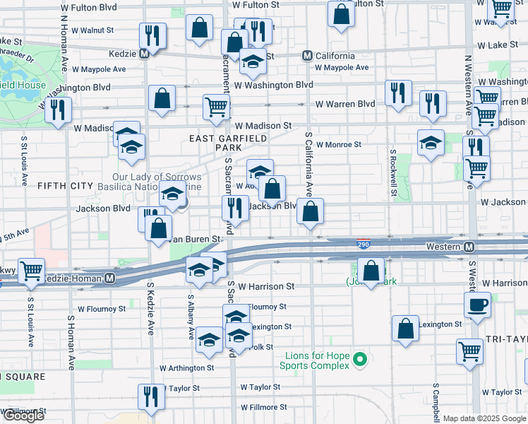 map of restaurants, bars, coffee shops, grocery stores, and more near 2907 West Jackson Boulevard in Chicago