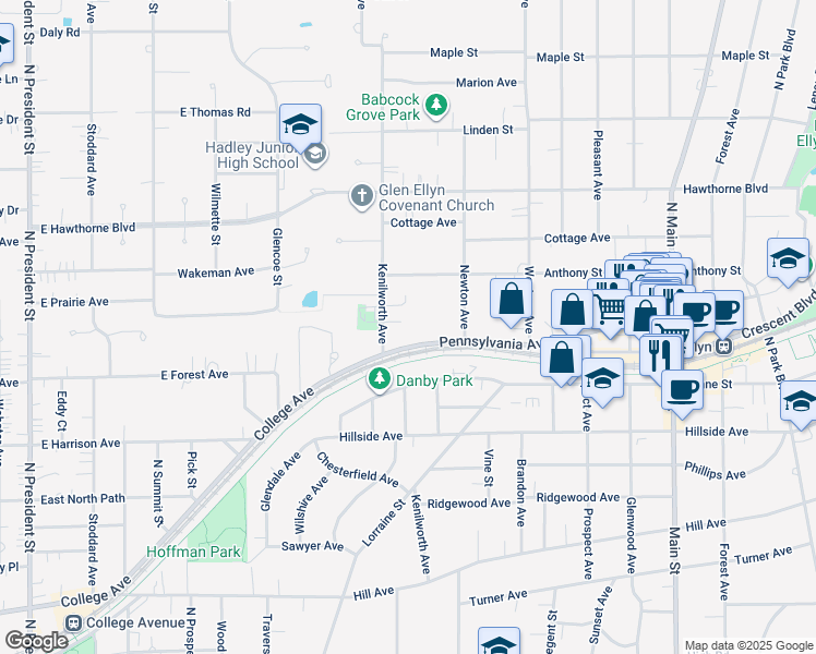 map of restaurants, bars, coffee shops, grocery stores, and more near 480 Saint Moritz Drive in Glen Ellyn