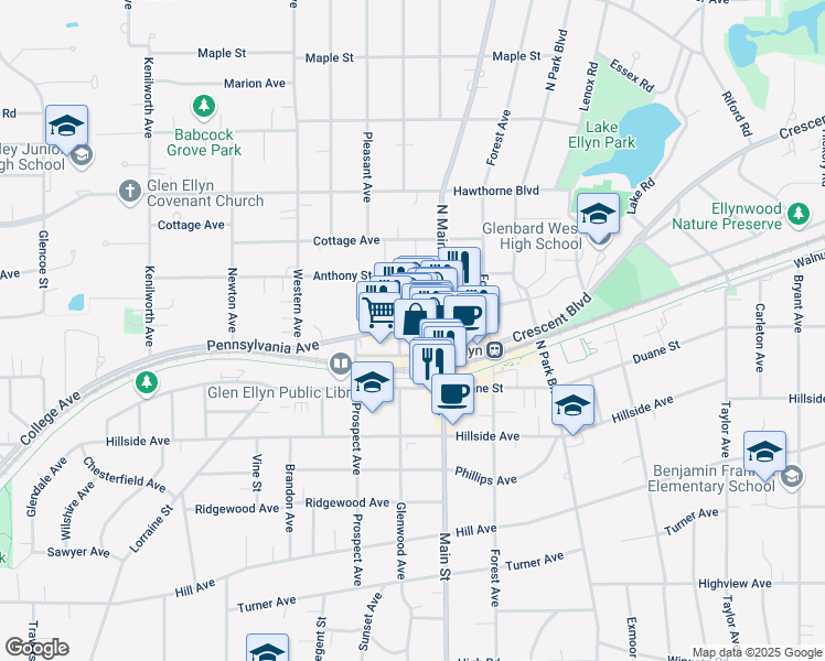 map of restaurants, bars, coffee shops, grocery stores, and more near 497 Pennsylvania Avenue in Glen Ellyn