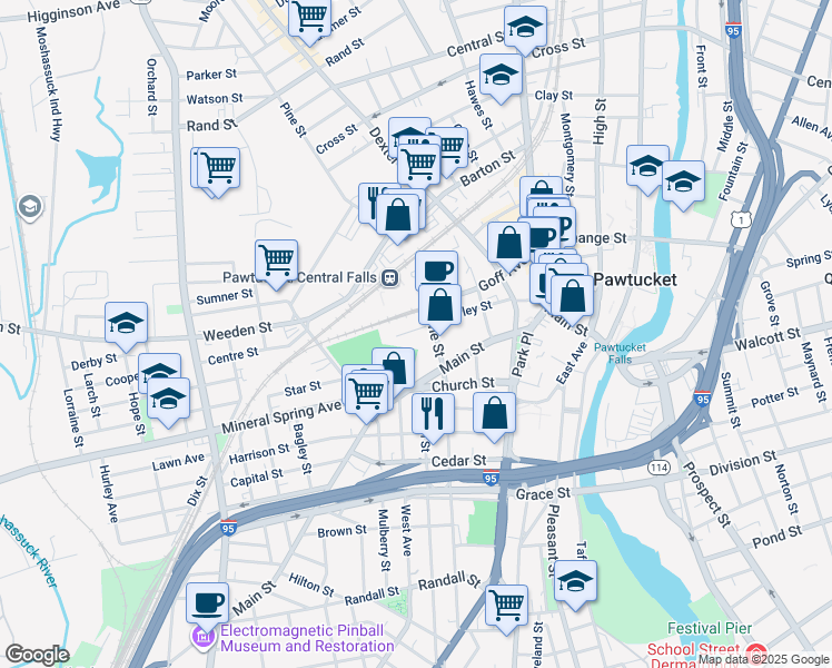 map of restaurants, bars, coffee shops, grocery stores, and more near Waverly Pl in Pawtucket
