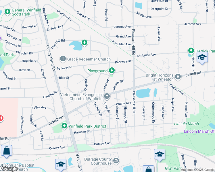 map of restaurants, bars, coffee shops, grocery stores, and more near 0N255 Peter Road in Winfield