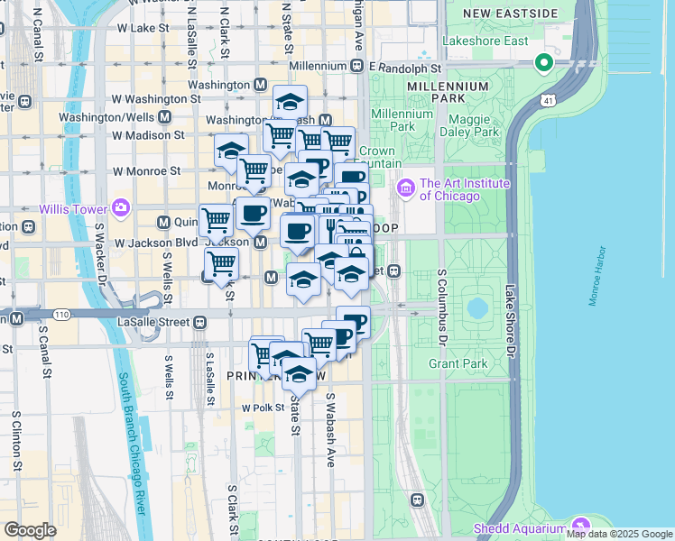 map of restaurants, bars, coffee shops, grocery stores, and more near 60 East Van Buren Street in Chicago