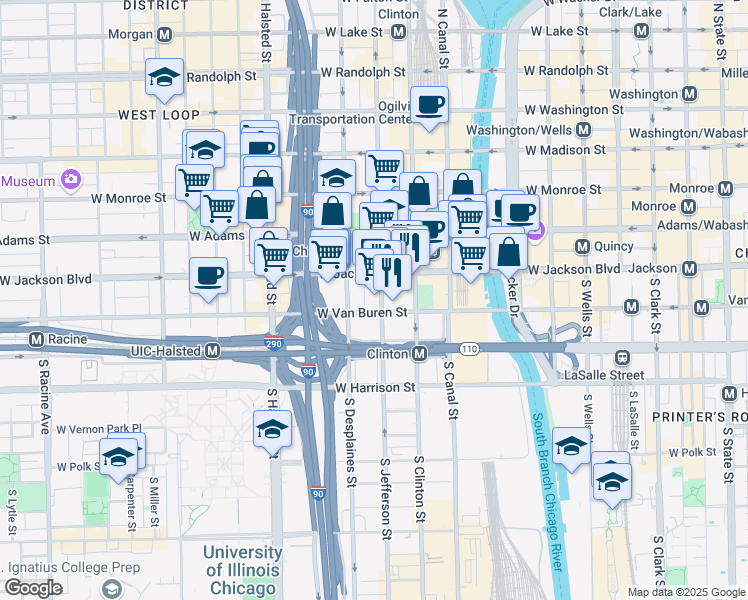 map of restaurants, bars, coffee shops, grocery stores, and more near 102 South Jefferson Street in Chicago