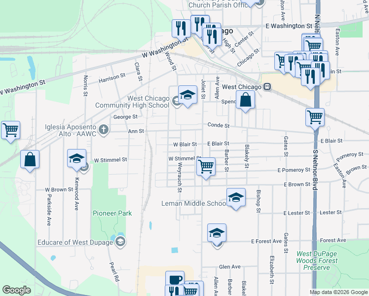 map of restaurants, bars, coffee shops, grocery stores, and more near 138 West Blair Street in West Chicago
