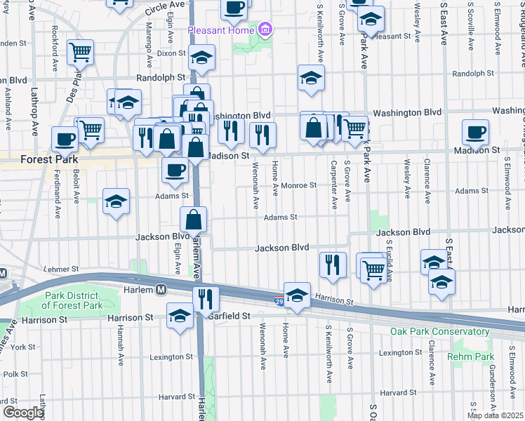map of restaurants, bars, coffee shops, grocery stores, and more near 630 Wenonah Avenue in Oak Park