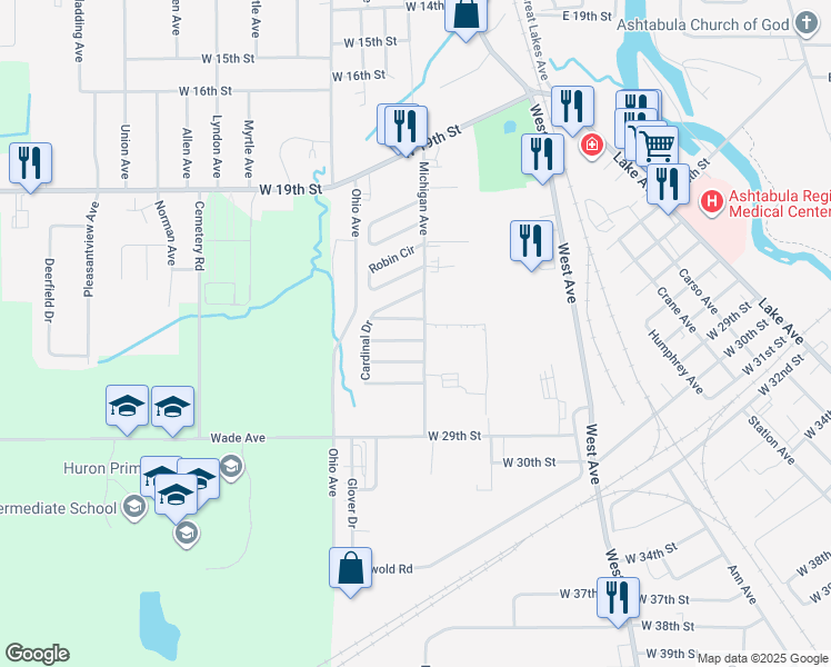 map of restaurants, bars, coffee shops, grocery stores, and more near 1903 Bob White Drive in Ashtabula