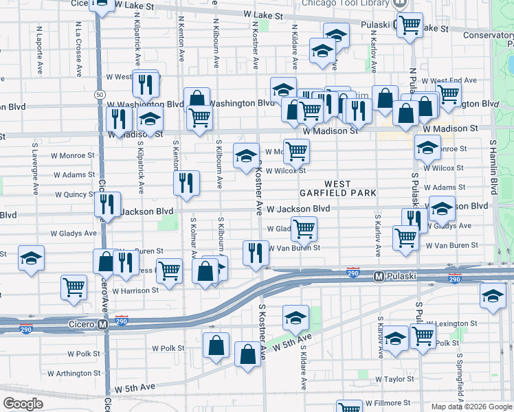 map of restaurants, bars, coffee shops, grocery stores, and more near 4400 West Jackson Boulevard in Chicago