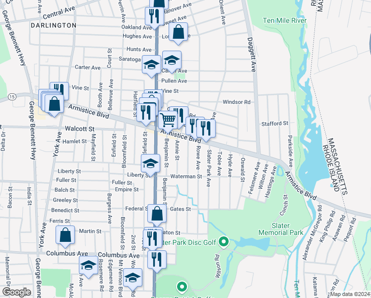 map of restaurants, bars, coffee shops, grocery stores, and more near 27 Greenslitt Avenue in Pawtucket
