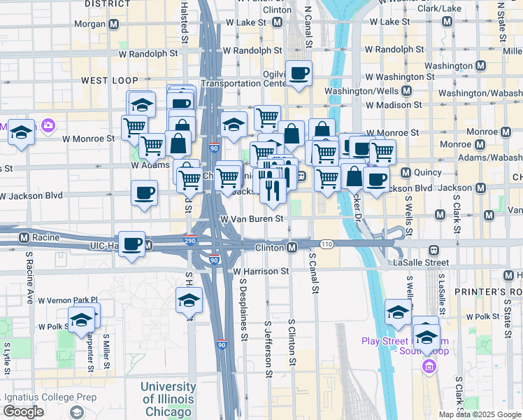 map of restaurants, bars, coffee shops, grocery stores, and more near 328 South Jefferson Street in Chicago