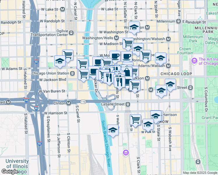 map of restaurants, bars, coffee shops, grocery stores, and more near 333 South Wacker Drive in Chicago