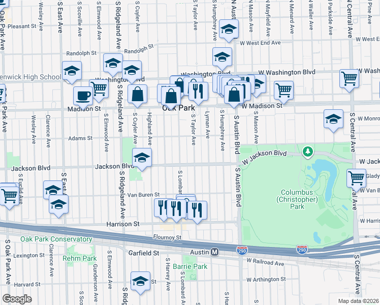 map of restaurants, bars, coffee shops, grocery stores, and more near 631 South Taylor Avenue in Oak Park