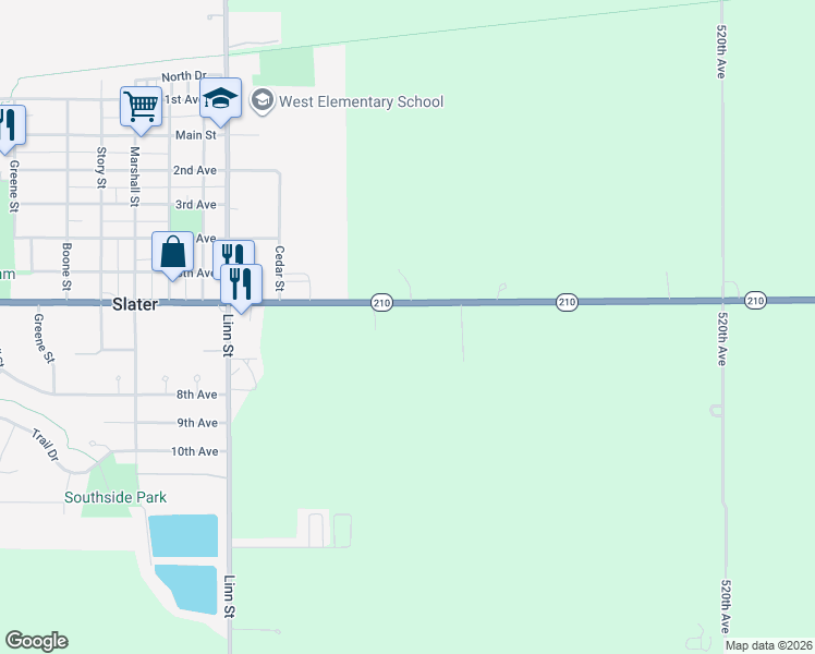 map of restaurants, bars, coffee shops, grocery stores, and more near 51340 Iowa 210 in Slater