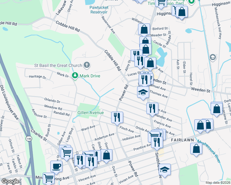 map of restaurants, bars, coffee shops, grocery stores, and more near 309 Owen Avenue in Pawtucket