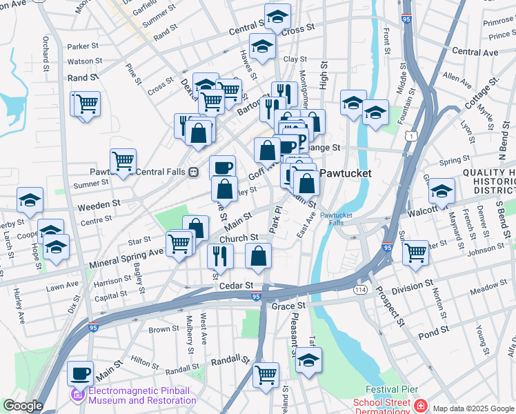 map of restaurants, bars, coffee shops, grocery stores, and more near 393 Main Street in Pawtucket