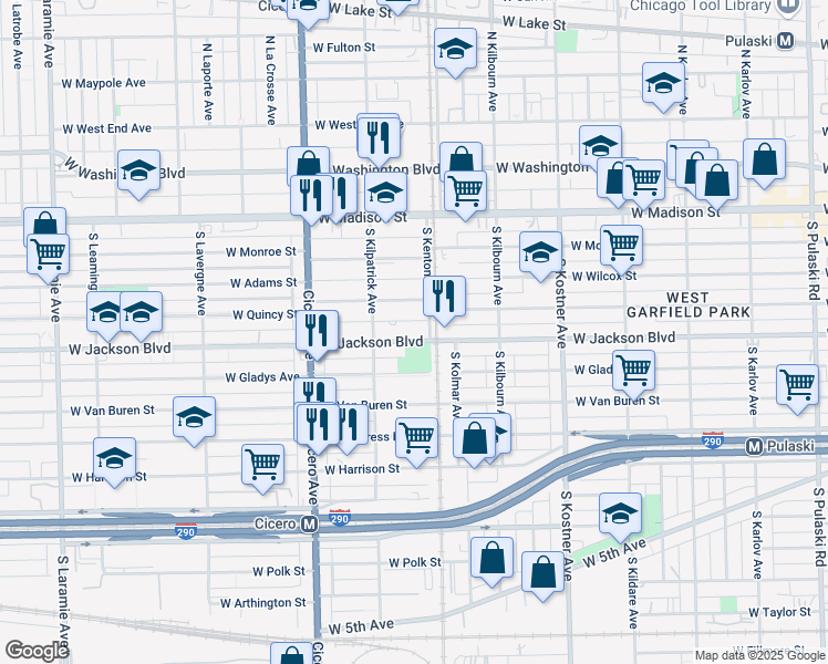 map of restaurants, bars, coffee shops, grocery stores, and more near 4618 West Jackson Boulevard in Chicago
