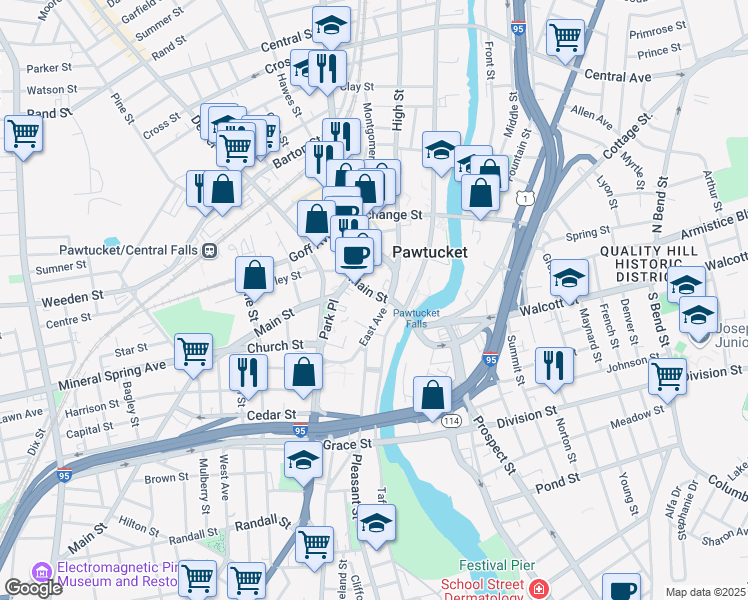 map of restaurants, bars, coffee shops, grocery stores, and more near 226 Main Street in Pawtucket