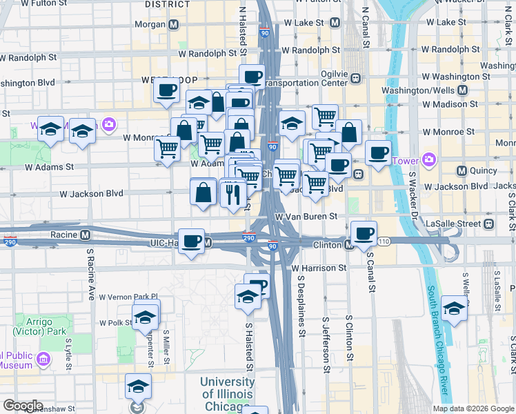 map of restaurants, bars, coffee shops, grocery stores, and more near 770 West Van Buren Street in Chicago