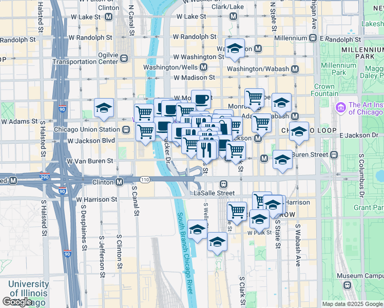 map of restaurants, bars, coffee shops, grocery stores, and more near 331 South Franklin Street in Chicago