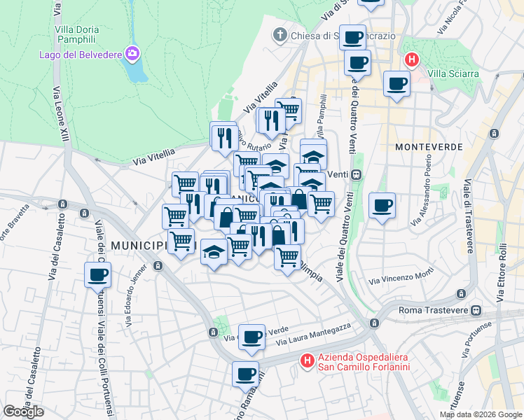 map of restaurants, bars, coffee shops, grocery stores, and more near 52 Via di Donna Olimpia in Roma