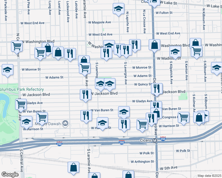 map of restaurants, bars, coffee shops, grocery stores, and more near 5058 West Jackson Boulevard in Chicago