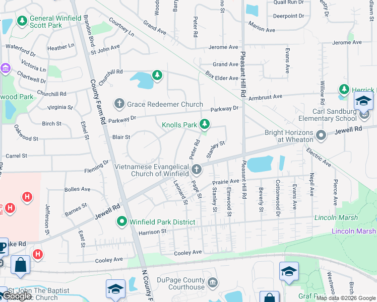 map of restaurants, bars, coffee shops, grocery stores, and more near 0N255 Peter Road in Winfield