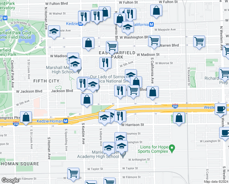 map of restaurants, bars, coffee shops, grocery stores, and more near 3009 West Jackson Boulevard in Chicago
