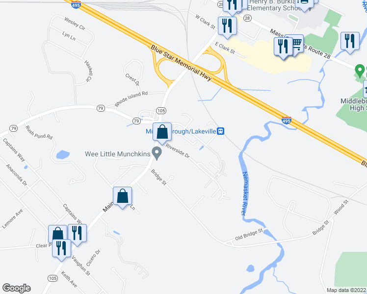 map of restaurants, bars, coffee shops, grocery stores, and more near 15 Riverside Drive in Lakeville