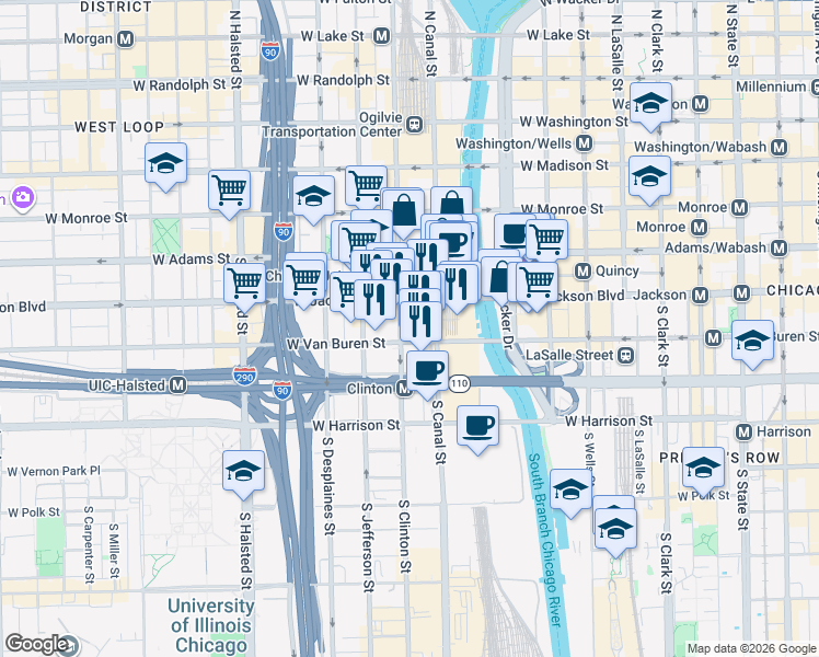 map of restaurants, bars, coffee shops, grocery stores, and more near 320 South Canal Street in Chicago