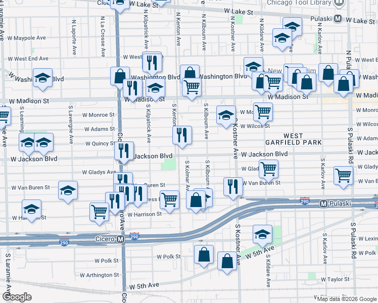 map of restaurants, bars, coffee shops, grocery stores, and more near 4542 West Jackson Boulevard in Chicago