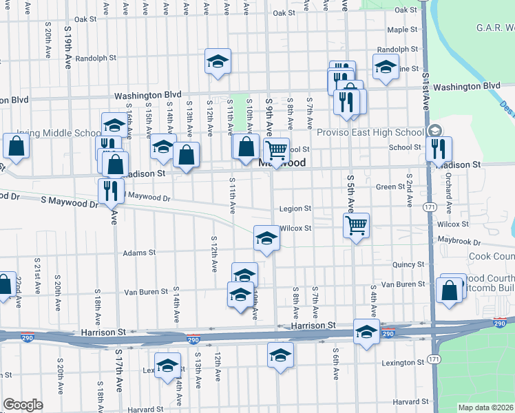 map of restaurants, bars, coffee shops, grocery stores, and more near 912 North Maywood Drive in Maywood